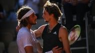 Stefanos Tsitsipas and Alexander Zverev embrace each other after a tough match